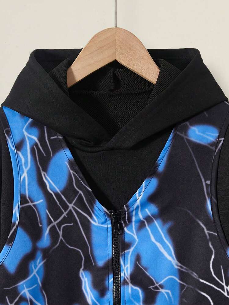 Tween Boy Graphic Print Vest Jacket & Sweatpants & Sweatshirt