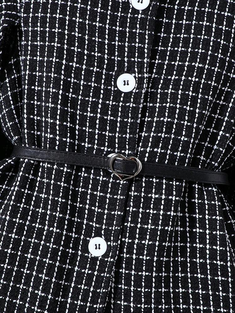 Tween Girl Plaid Print Trumpet Sleeve Belted Tweed Coat