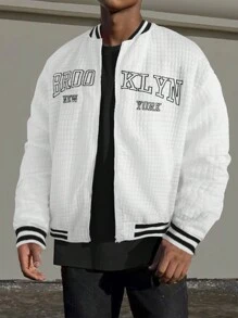 Aesthetic Post 寬鬆男款字母印花圖案條紋飾邊拉鍊飛行員夾克 - 白色 - 查看 3
