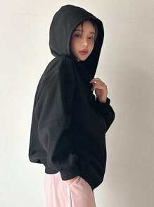 DAZY Solid Drop Shoulder Zip Up Oversized Hoodie - Black - View 1