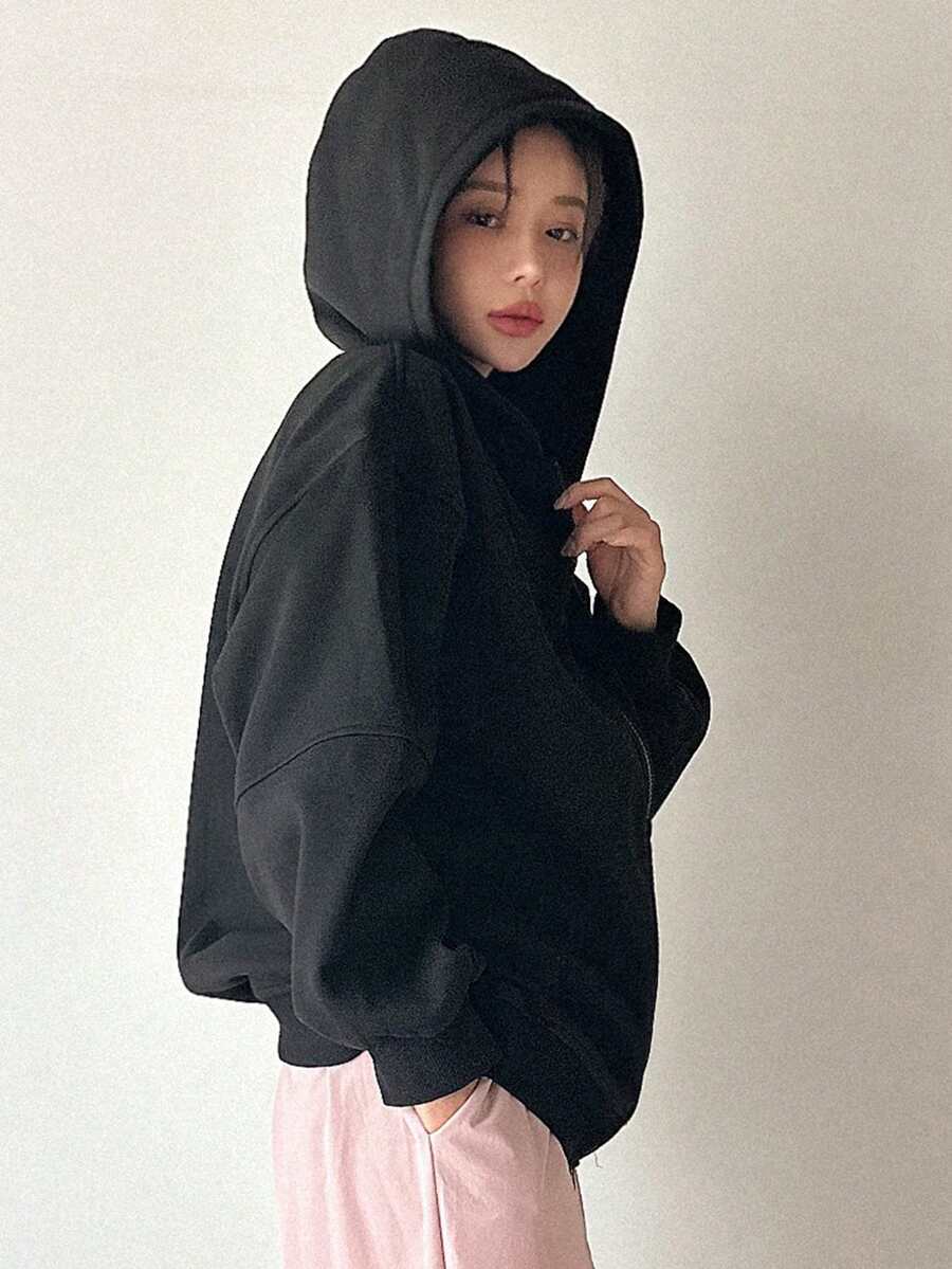 DAZY Solid Drop Shoulder Zip Up Oversized Hoodie - Black - View 1