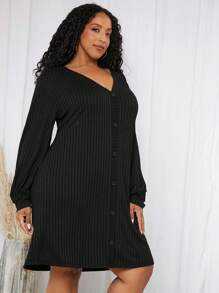 SHEIN CURVE+ Hơn Tay áo lồng đèn Nút phía trước Đầm - màu đen - Xem 5