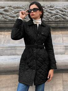 SHEIN Flap Detail Belted Quilted Coat