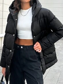 EURMUSE Snap Button Hooded Puffer Coat - Black - View 1