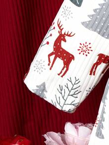 Baby Girl Christmas Print Ruffle Trim Dress - White - View 7