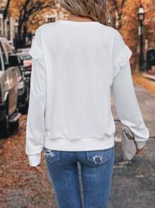 SHEIN LUNE Contrast Lace Ruffle Trim Drop Shoulder Sweatshirt - White - View 2