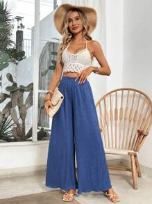 SHEIN VCAY Solid Wide Leg Pants - Navy Blue - View 5