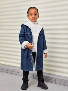 SHEIN 男小童翻蓋口袋毛絨內襯牛仔效果印花連帽外套 - 藍色 - 查看 3