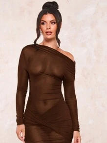 SHEIN BAE Asymmetrical Neck Bodycon Dress,Valentine's Day,Valentine Outfits For Women - Coffee Brown - View 5
