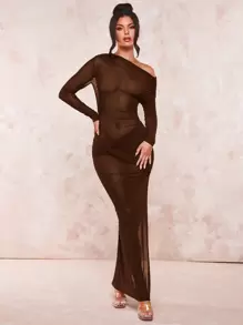 SHEIN BAE Asymmetrical Neck Bodycon Dress,Valentine's Day,Valentine Outfits For Women - Coffee Brown - View 7