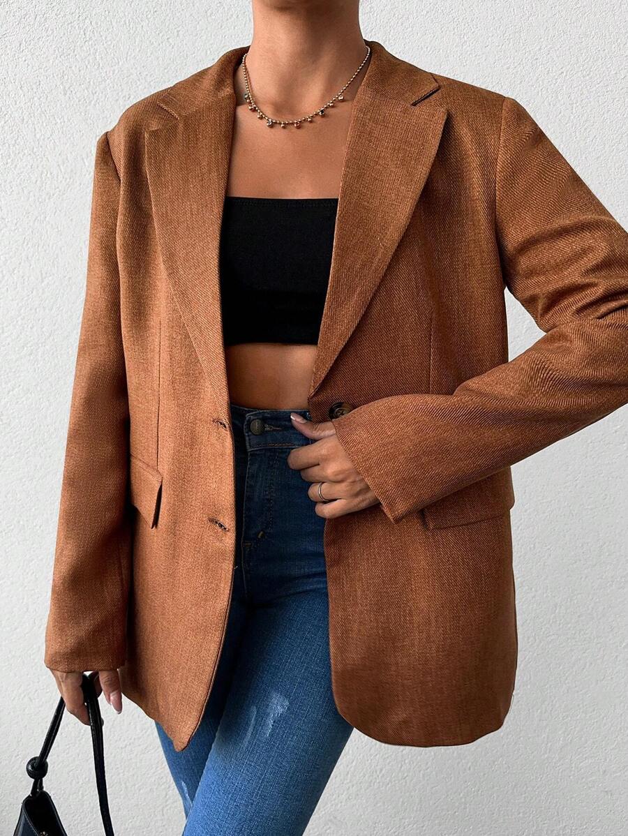 RueChic Lapel Neck Flap Detail Single Breasted Blazer - Camel - View 1