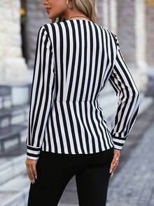 EMERY ROSE Striped Print Knot Front Belted Blouse - Black and White - View 2