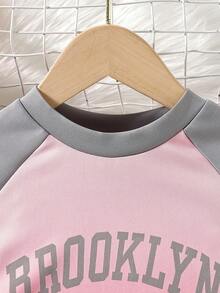 SHEIN 女小童字母圖案插肩袖T恤和運動褲 - 粉色 - 查看 3