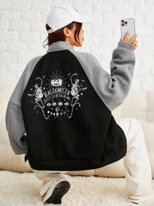 SHEIN EZwear 萬聖印花插肩袖拉鏈開襟運動衫 - 灰色 - 查看 3