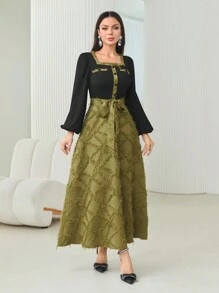 Modelyn Square Neck Lantern Sleeve Belted Jacquard Dress - Multicolor - View 5