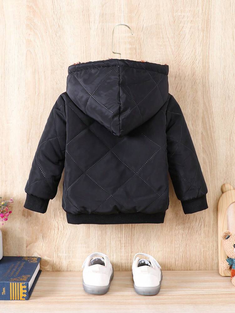 Baby Boy Letter Patched Detail Teddy Lined Zipper Hooded Quilted Coat Without Tee