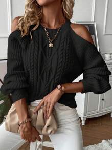 SHEIN LUNE Cold Shoulder Cable Knit Sweater,Long Sleeve Tops Knit Pullover Fall Winter Sweater - Black - View 4