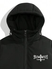 Men Letter Cross Graphic Flap Pocket Drawstring Hem Hooded Padded Coat - Black - View 6