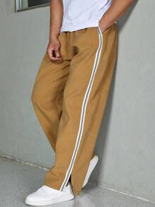 Manfinity Homme Men Plus Contrast Tape Split Hem Pants - Khaki - View 1
