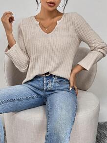 SHEIN Essnce Notched Neck Ribbed Knit Tee