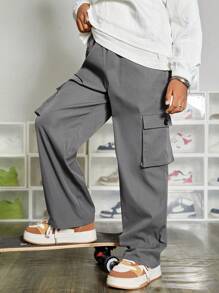 SHEIN Leap Crew Tween Boy Flap Pocket Side Cargo Pants - Grey - View 3