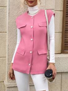SHEIN LUNE Flap Detail Button Front Vest Overcoat - Pink - View 5