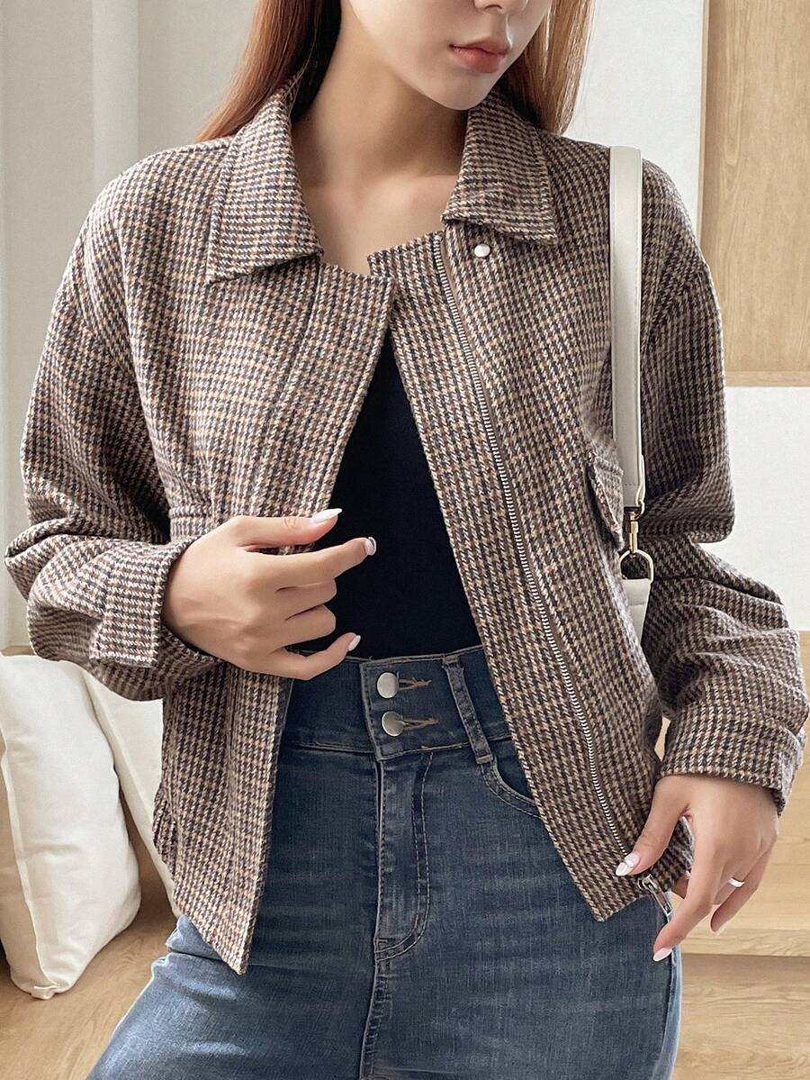 DAZY In Houndstooth Thả vai Túi có nắp Áo khoác - màu nâu - Xem 1