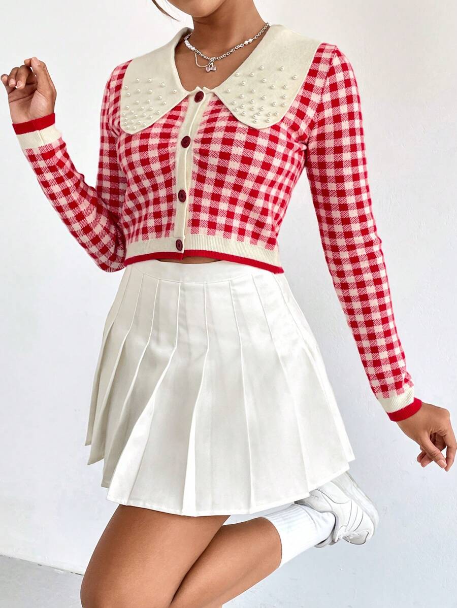 SHEIN Qutie 格子圖案珍珠串珠彼得潘領短款開衫 - 紅白色 - 查看 1