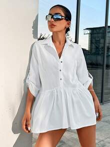 Cottnline Roll Tab Sleeve Ruffle Hem Blouse - White - View 5