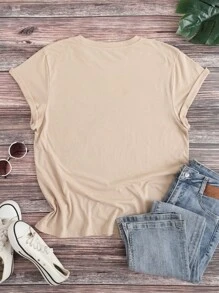 INAWLY Talla grande Camiseta con estampado de perro y slogan - Caqui - Ver 2