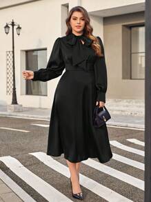 SHEIN Privé Plus Tie Neck Lantern Sleeve Dress - Black - View 1