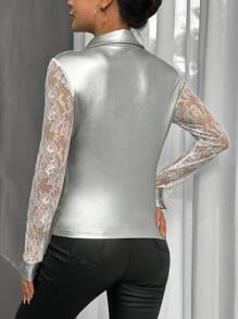 SHEIN Privé 蕾絲拼接翻蓋細節皮革外觀上衣 - 銀色 - 查看 2