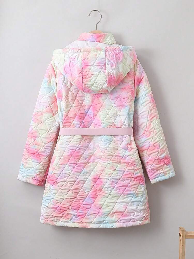 Tween Girl Tie Dye Hooded Belted Quilted Coat Without Sweater