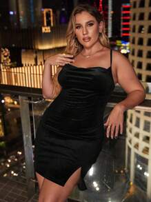 Cravure Hơn Viền chia cắt Nhung Váy Cami Bodycon - màu đen - Xem 4