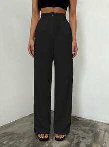 EURMUSE Solid High Waist Wide Leg Suit Pants - Black - View 3