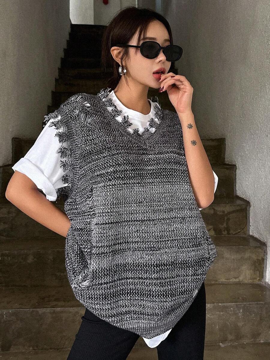 DAZY Raw Trim Sweater Vest,Fall Clothes - Dark Grey - View 1