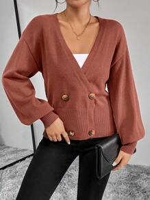 SHEIN Privé Cárdigan con hombros caídos y doble botonadura - Café integral - Ver 6