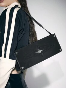 SHEIN ICON Túi đeo vai phong cách Punk dành cho nữ có dây đeo có thể điều chỉnh, khóa kéo và chất liệu da PU, màu đen đơn giản - màu đen - Xem 2