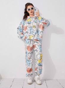 SHEIN Teen Girl Floral and Figure Graphic Drop Shoulder Hoodie & Sweatpants - Multicolor - View 1