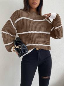 Celisse Striped Pattern Drop Shoulder Sweater,Long Sleeve Tops Knit Pullover Fall Winter Outfit - Mocha Brown - View 3