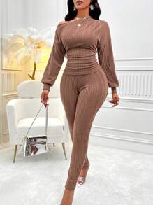 Zolique Asymmetrical Neck Drop Shoulder Ruched Side Tee & Leggings - Brown - View 3