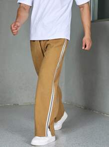 Manfinity Homme Men Plus Contrast Tape Split Hem Pants - Khaki - View 5