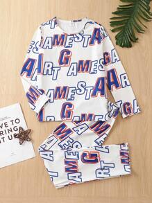 Chico preadolescente Conjunto de pijama pantalones con camiseta con estampado de letra - Multicolor - Ver 1