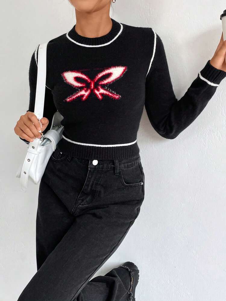 Butterfly Pattern Contrast Trim Crop Knit Pullover Fall Winter Sweater
