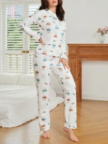 Cartoon Graphic PJ Set / Pajama Set - Multicolor - View 4