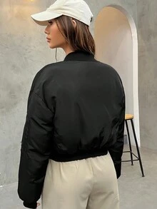 SHEIN EZwear Flap Pocket Drawstring Hem Zipper Bomber Padded Coat - Black - View 2