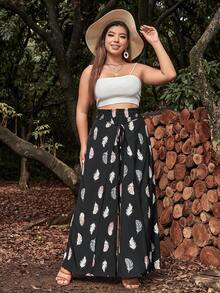 SHEIN VCAY Plus Feather Print Tie Front Wide Leg Pants - Multicolor - View 5