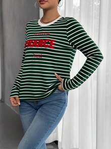 SHEIN Frenchy 條紋和字母圖案T恤 - 綠色 - 查看 3