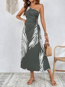 SHEIN VCAY Tropical Print One Shoulder Knot Side Wrap Hem Dress - Multicolor - View 3