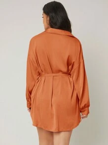SHEIN Essnce Plus Drop Shoulder Belted Shirt - Rust Brown - View 2